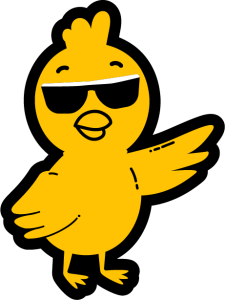 Crazy Mo’s mascot character poiniting with it's wing to the right